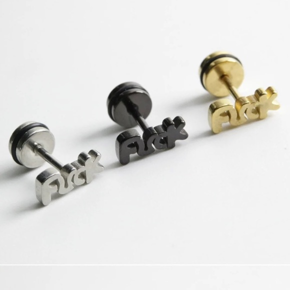 Single Accent Unisex Fashion Stainless Steel Letter Ear Stud Earrings Women Men - Picture 3 of 6